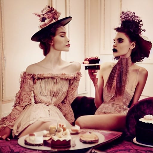 Prompt: Two beautiful models with beautiful faces in couture drinking champagne and have cakes and desserts all around them while in bed together hanging out in a large Victorian room vogue editorial style