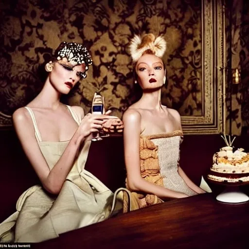 Prompt: Two beautiful models with beautiful faces in couture drinking champagne and have cakes and desserts all around them while in bed together hanging out in a large Victorian room vogue editorial style