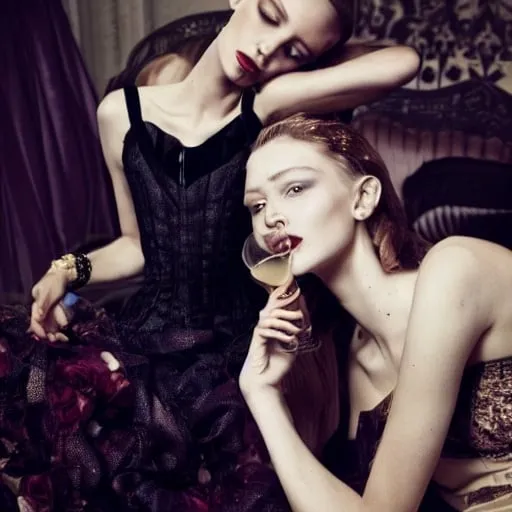 Prompt: Two beautiful models with beautiful faces in couture drinking champagne and have cakes and desserts all around them while in bed together hanging out in a large Victorian room vogue editorial style