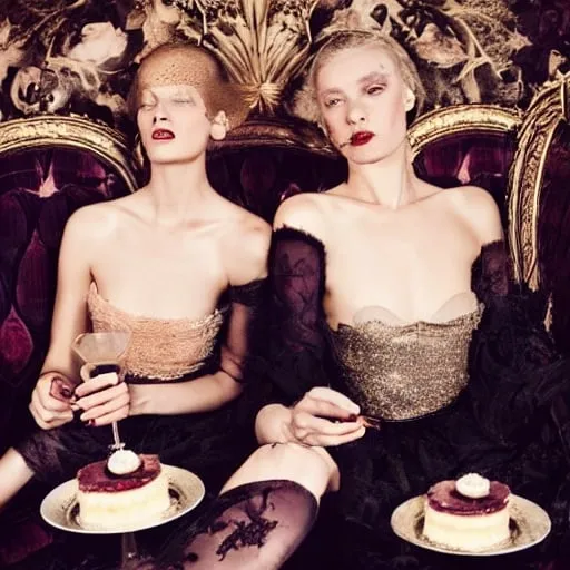 Prompt: Two beautiful models in couture drinking champagne and have cakes and desserts all around them while in bed together hanging out in a large Victorian room vogue editorial style