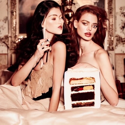 Prompt: Two beautiful models with beautiful faces in couture drinking champagne and have cakes and desserts all around them while in bed together hanging out in a large Victorian room vogue editorial style