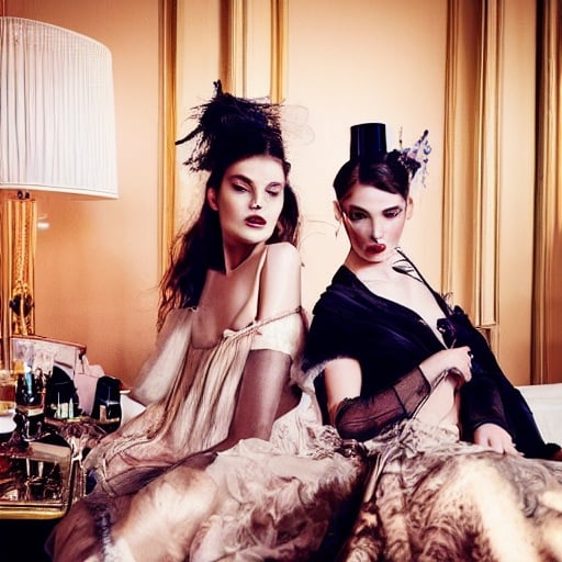 Prompt: Two beautiful models with beautiful faces in couture drinking champagne and have cakes and desserts all around them while in bed together hanging out in a large Victorian room vogue editorial style