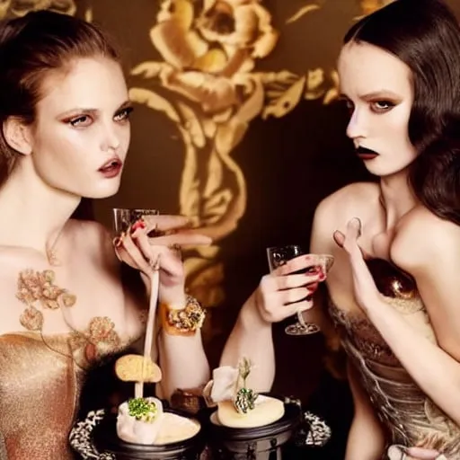 Prompt: Two beautiful models with beautiful faces in couture drinking champagne and have cakes and desserts all around them while in bed together hanging out in a large Victorian room vogue editorial style