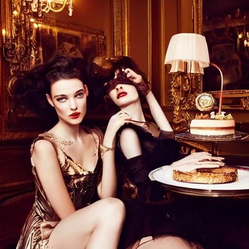 Prompt: Two beautiful models with beautiful faces in couture drinking champagne and have cakes and desserts all around them while in bed together hanging out in a large Victorian room vogue editorial style