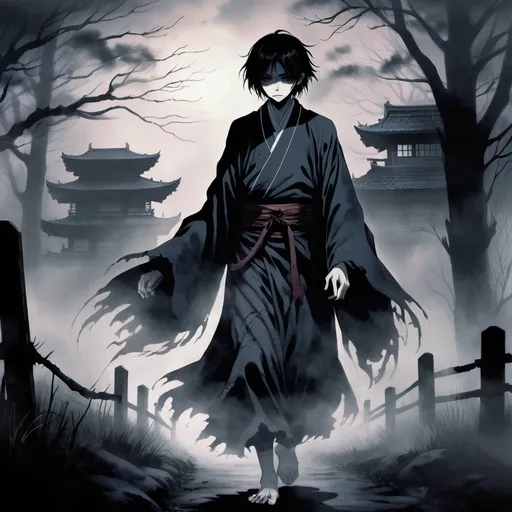Prompt: 2D dark J-horror anime illustration of a boy, eerie and haunting atmosphere, traditional Japanese setting, ominous shadows, ghostly apparitions, pale complexion with dark, piercing eyes, traditional clothing with tattered edges, foggy and mysterious ambiance, hair billowing in the wind, best quality, highres, anime, J-horror, eerie atmosphere, traditional Japanese setting, ghostly apparitions, dark eyes, foggy ambiance, haunting, mysterious