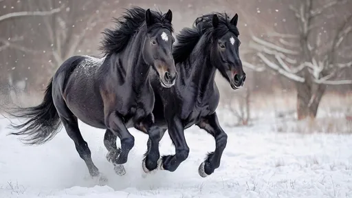 Prompt: A Pair of Black Wild Horses in a snow bound area