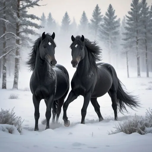 Prompt: A Pair of Black Wild Horses in Snow Bound Area playing with each other 