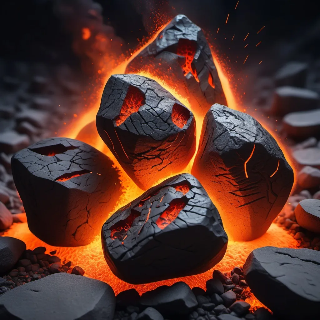 Prompt: {
  "prompt": "Close-up of glowing, charred volcanic stones and ash, with intense orange and red embers glowing from within deep cracks. Sparks and tiny particles of fire rise from the stones, intensifying the sense of heat and energy. The words ZAMANFOULAD and METAFO emerge from molten materials, rising upwards. ZAMANFOULAD is positioned at the top and stands out more, appearing as if made of rebar with a textured, ribbed surface, while METAFO is placed at the bottom. The surfaces of the words are rough and textured, accentuated by deep, dark sh
