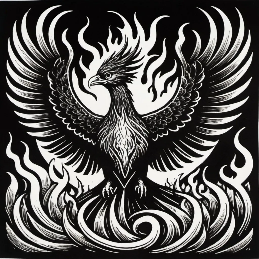 Prompt: A black and white linocut of a phoenix rising from flames