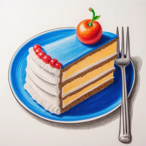 Prompt: Make A COLORED PENCIL DRAWING   of  of a slice of birthday 
cake MADE FROM CARDBOARD including a fork and a blue 
plate, and napkin AT A average HIGH SCHOOL SKILL LEVEL. the background should be white