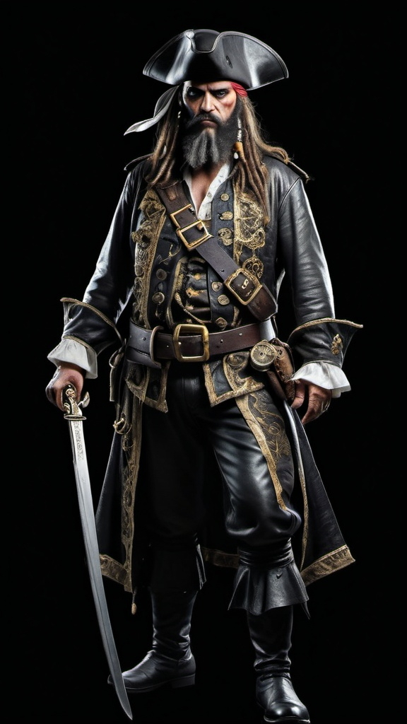 Prompt: (full body portrait of a pirate captain), standing confidently, (solid black background), intricate black spades motif on clothing, wearing a commanding hat, detailed facial features with a rugged beard, intense expression, sword at the side, dramatic lighting highlighting dynamic outlines, mystical and adventurous ambiance, (ultra-detailed), cinematic style. 