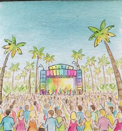 Prompt: a large crowd of people dancing in a huge party, hand drawn in colored crayons , in front of a big stage in an open air with blue sky , big green palm trees in lively colors all in pop art style, joy, drinks & cocktails