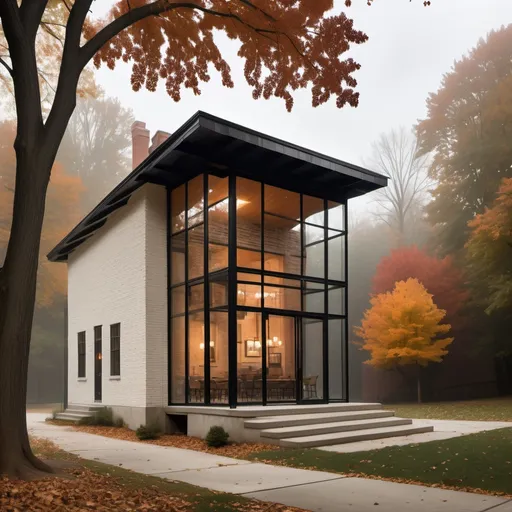 Prompt: quaint modern out-building on a historic site in Kentucky, modern version of Italianate architecture, rustic materials, glass, steel, and wood, historic painted brick, emphasis on light and shadow, canopy, interior spaces, photorealistic fall foliage, fog, formal architecture, iconic forms, elegant details, interesting connections, simple yet unique forms 



