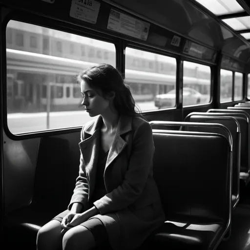 Prompt: Photo of woman sitting on a bus, dramatic in the style of Dirk Braeckman, B&W