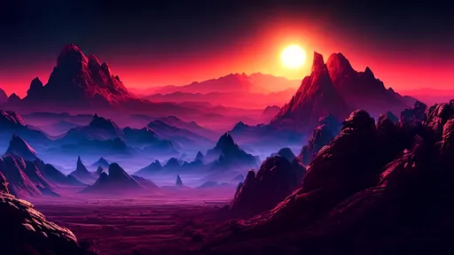 Prompt: wide angle view, beautiful alien planet mountain landscape with a majestic sun set, art, high detail, high definition, photorealistic, hdr, 16k with neon tones
