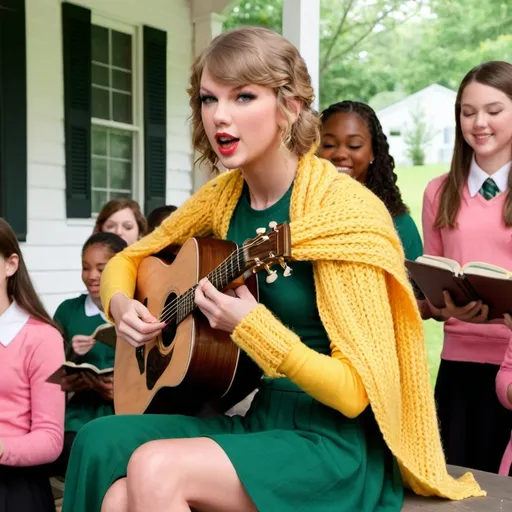 Prompt: Taylor Swift sitting on the porch knitting a scarf in yellow, peach and green while singing accompagnied by a girl's choir