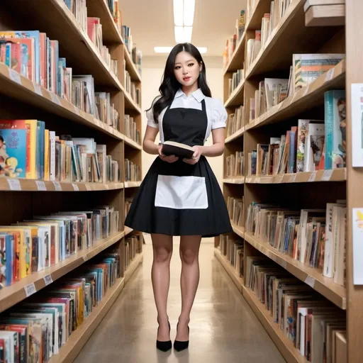 Prompt: A full body view of Jennie Kim dressed in a short black dress, a little white apron and towering heels picking up toys and books from the floor