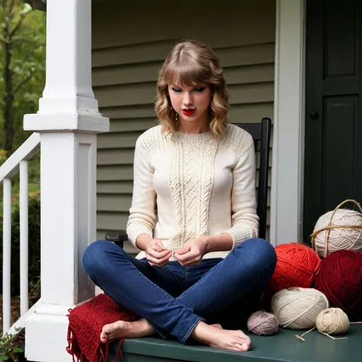 Prompt: Taylor Swift sitting on the porch knitting