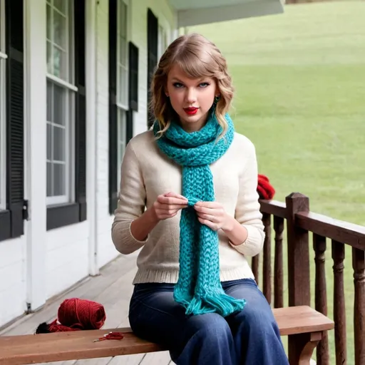 Prompt: Taylor Swift sitting on the porch knitting a scarf