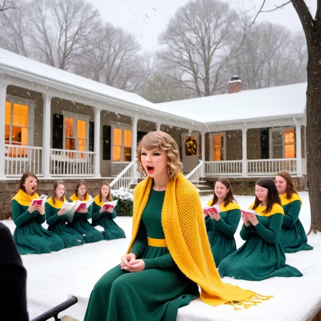 Prompt: Taylor Swift sitting on the porch knitting a scarf in yellow, peach and green while singing accompagnied by a girl's choir and the philharmonics behind the trees as it starts snowing heavily