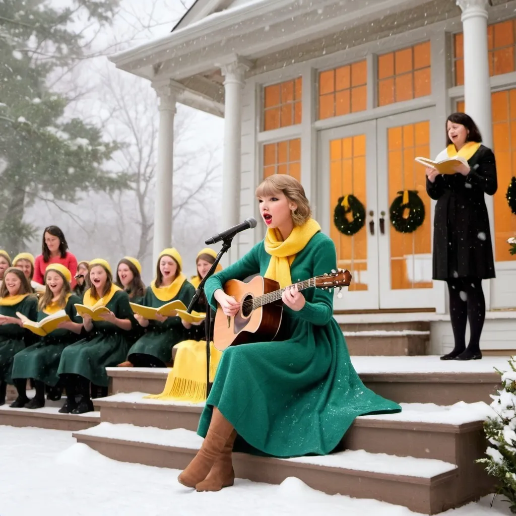 Prompt: Taylor Swift sitting on the porch knitting a scarf in yellow, peach and green while singing accompagnied by a girl's choir and the philharmonics behind the trees as it starts snowing heavily