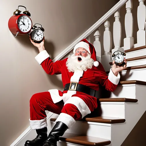 Prompt: Santa Claus falling down the stairs holdin an alarm clock