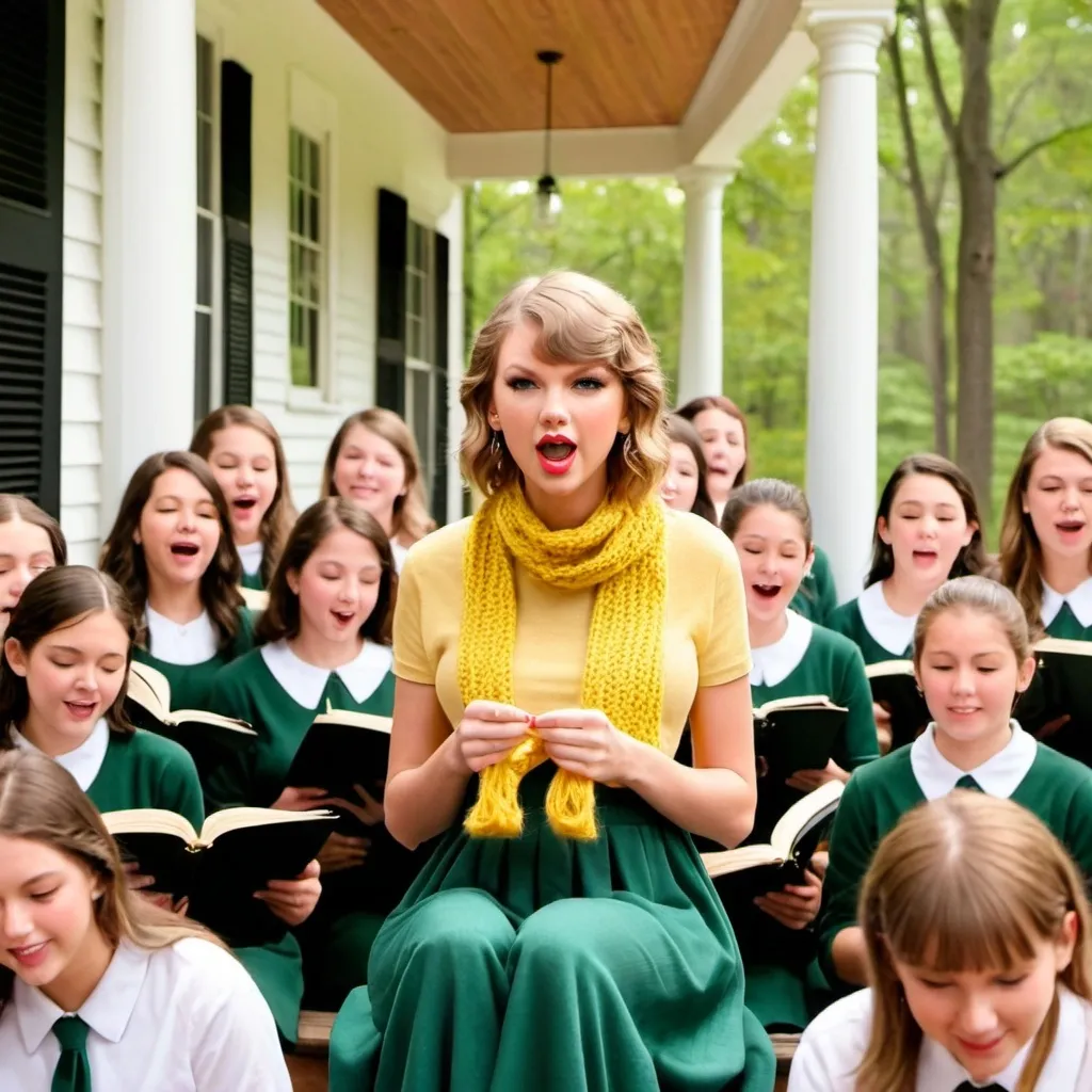 Prompt: Taylor Swift sitting on the porch knitting a scarf in yellow, peach and green while singing accompagnied by a girl's choir and the philharmonics behind the trees