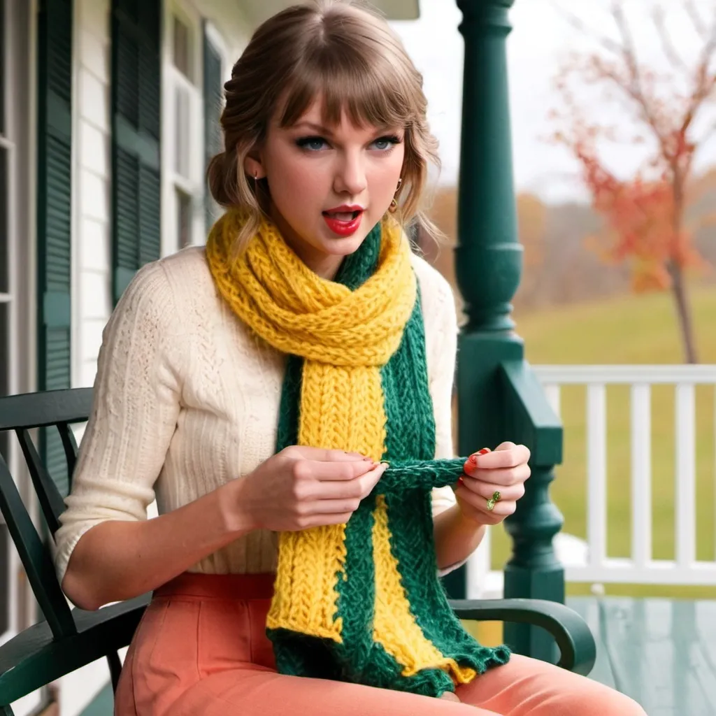 Prompt: Taylor Swift sitting on the porch knitting a scarf in yellow, peach and green while singing