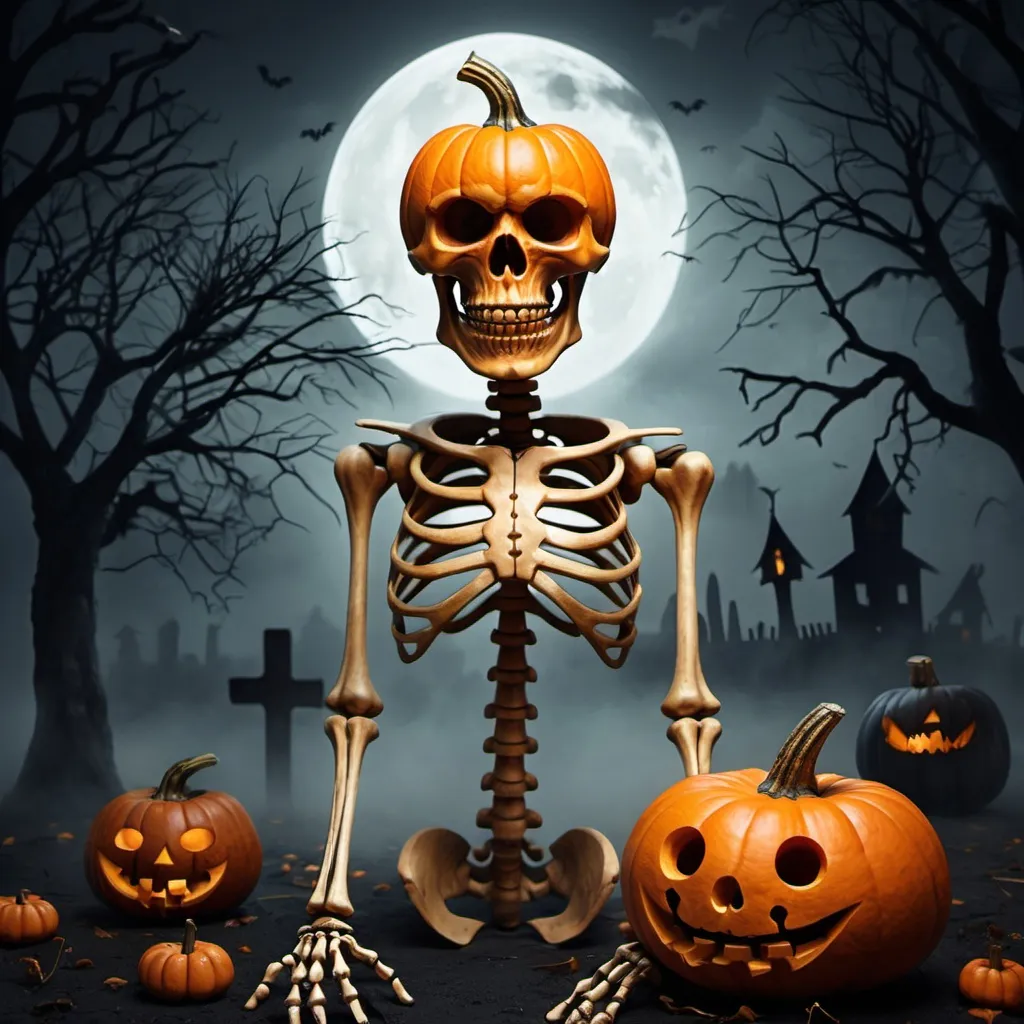 Prompt: A spooky skeleton with a pumpkin on its head