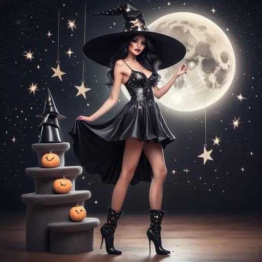 Prompt: A beautiful witch wearing a little black dress with a sweet witch hat with some sparkly stars and moons on it and a pair of stiletto boots