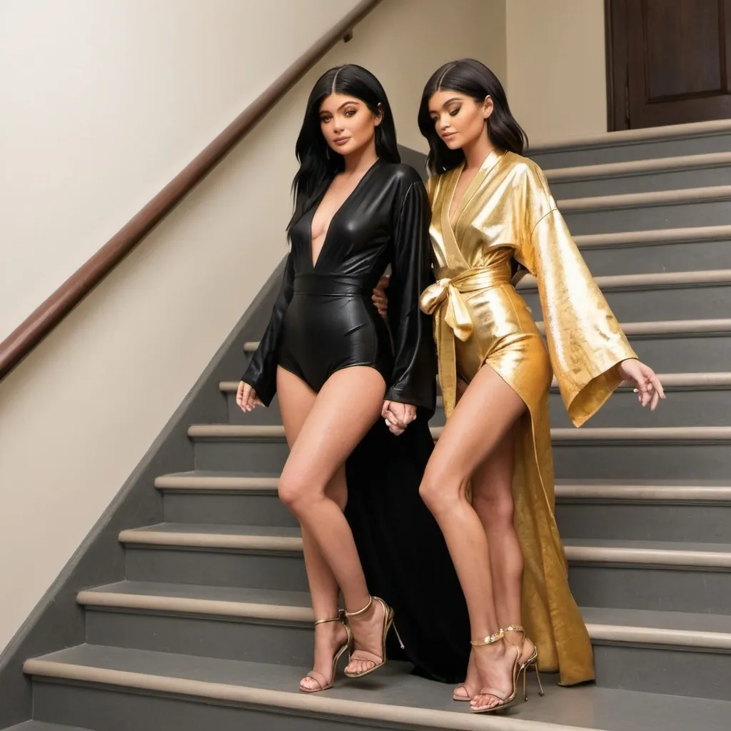 Prompt: A full body view of Kylie Jenner dressed in a black leotard and heels and Zendaya dressed in a short golden kimono and heels walking down the stairs kissing