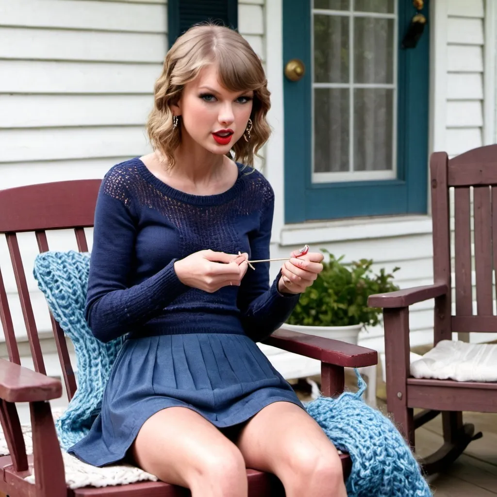 Prompt: Taylor Swift sitting on the porch knitting