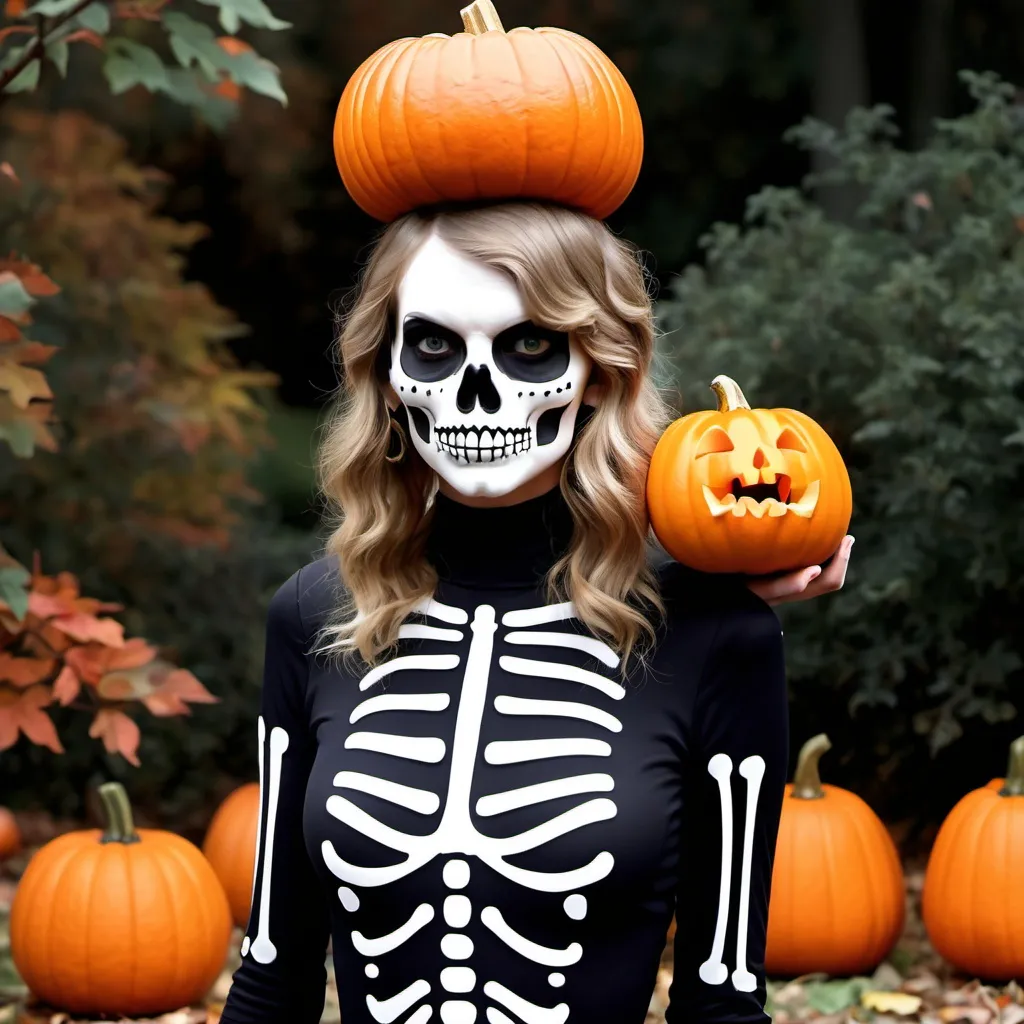 Prompt: Taylor Swift dressed as a spooky skeleton with a pumpkin on her head