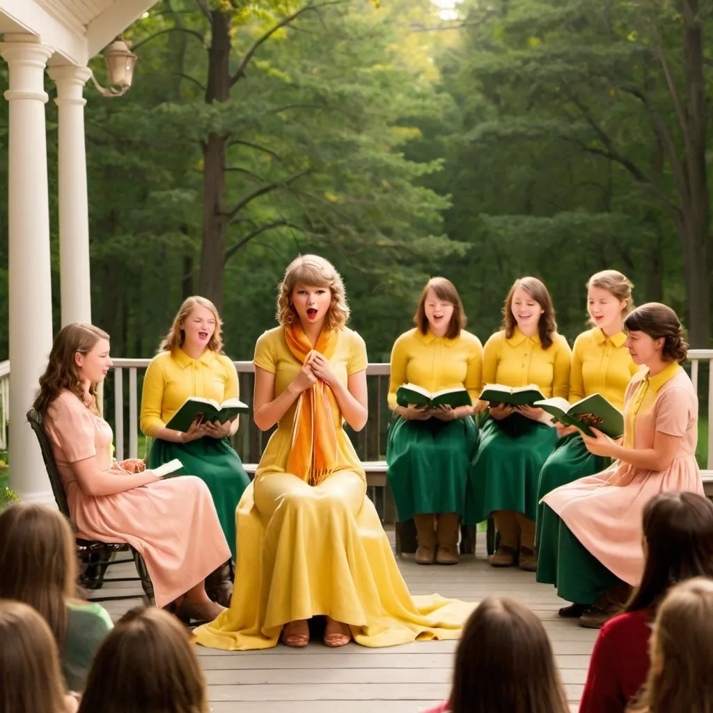 Prompt: Taylor Swift sitting on the porch knitting a scarf in yellow, peach and green while singing accompagnied by a girl's choir and the philharmonics behind the trees