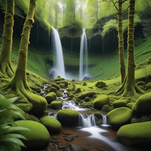 Prompt: a beautiful forest glade with a stunning waterfall cascading down the rocks. There are tall trees surrounding the clearing, and a carpet of lush green moss covering the ground.