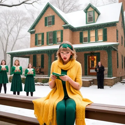 Prompt: Taylor Swift sitting on the porch knitting a scarf in yellow, peach and green while singing accompagnied by a girl's choir and the philharmonics behind the trees as it starts snowing heavily