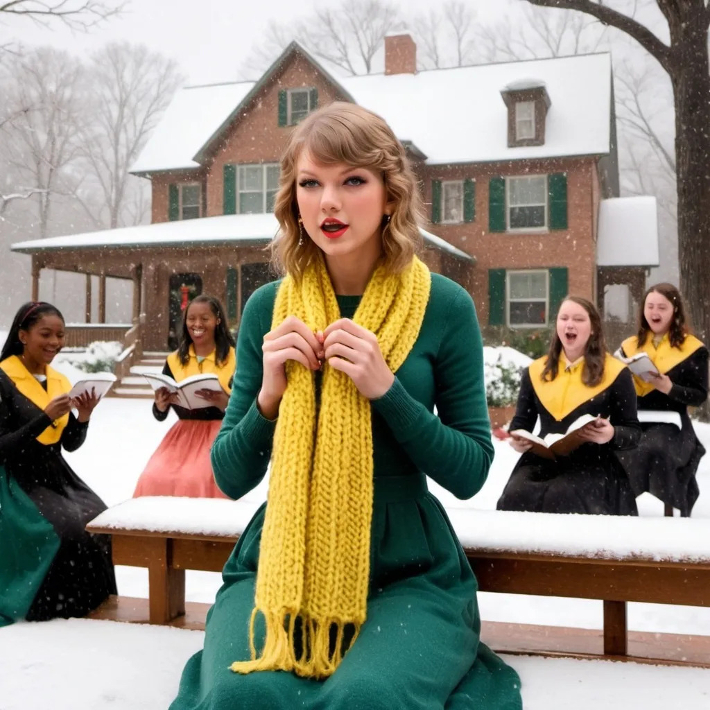 Prompt: Taylor Swift sitting on the porch knitting a scarf in yellow, peach and green while singing accompagnied by a girl's choir and the philharmonics behind the trees as it starts snowing heavily