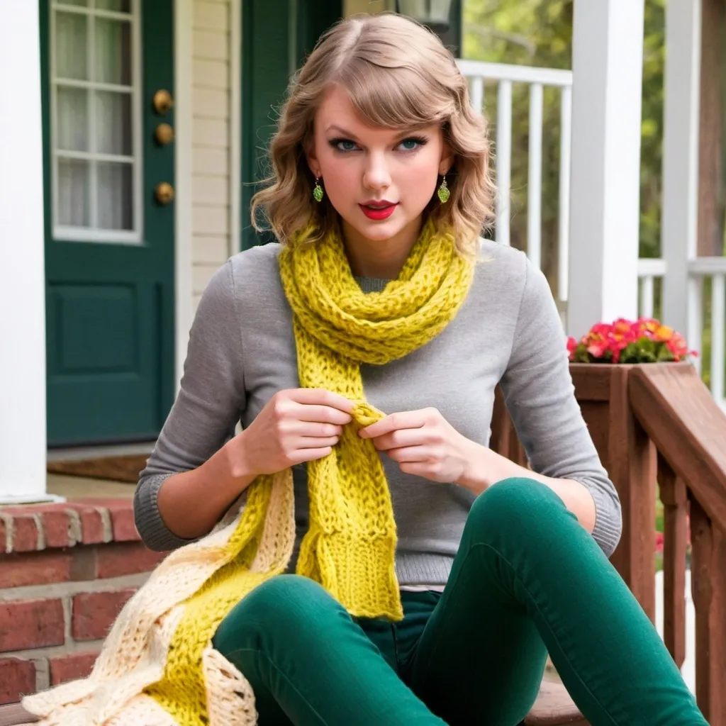 Prompt: Taylor Swift sitting on the porch knitting a scarf in yellow, peach and green