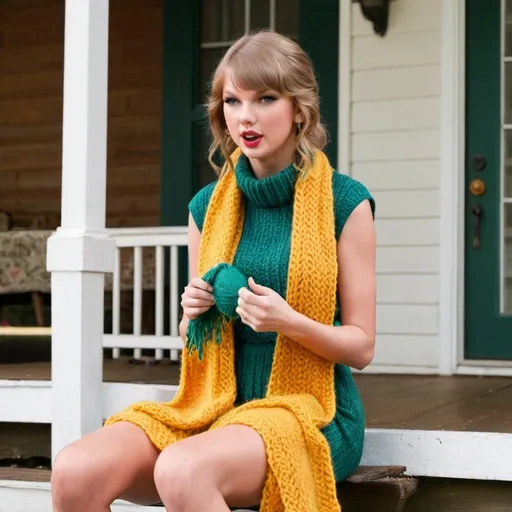 Prompt: Taylor Swift sitting on the porch knitting a scarf in yellow, peach and green while singing