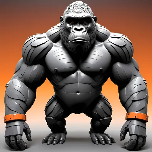 Prompt: create a 3d picture 1_creat a gorilla 2_ orginal color 3_ creat a robot 4_ orignal color 5_ mix the gorilla and the robot 6_ put the gorilla as the head 7_ put the robot as the body 8_ it should look scary 9_ it should be strong with muscles 10_use volcano as the background / create a 3d picture with these details.