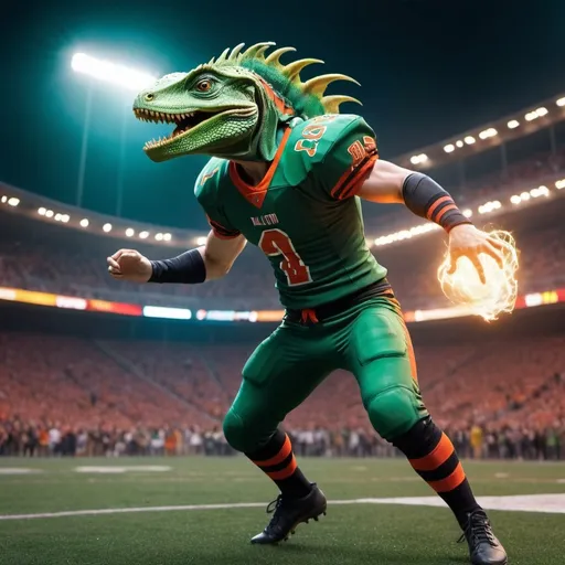 Prompt: Dalton Kincaid (in football attire) vs. Lizard Wizard, (epic duel), dynamic action pose, intense expressions, lush stadium background, vibrant colors, dramatic lighting, meticulous details, crowd cheering, 4K quality, high-definition clarity, enchanting magical elements, swirling energy effects, tension in the air, heroic atmosphere.