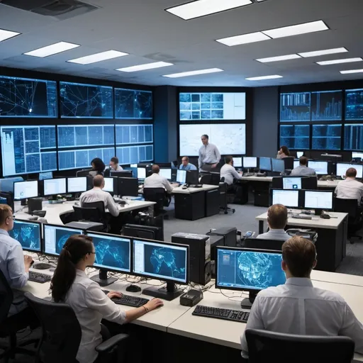 Prompt: A group of people in a network operations center managing computers, networks and connections to the public cloud