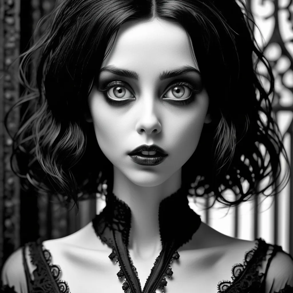 Prompt: ((art by tim burton)), goth, black hair, posing looking into camera, touching, sharp focus, best quality, black and white masterpiece, illustration, intricate detailed face, beautiful dreamy eyes, amazing slender body, super detailed, HDR, 64K, RPG,