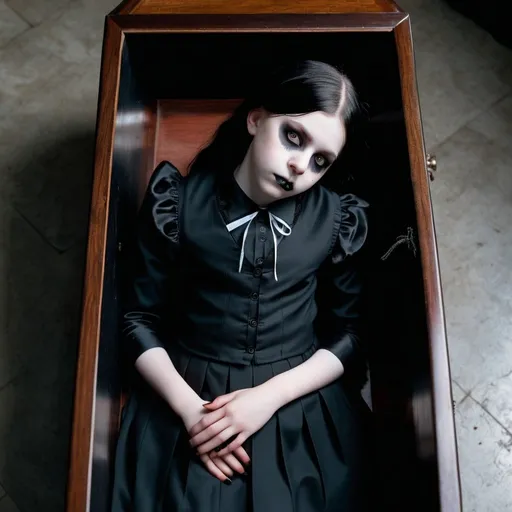 Prompt: pale goth schoolgirl lying down on coffin, view from above,