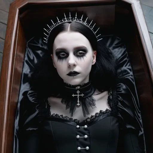 Prompt: pale goth girl lying down on coffin, view from above,