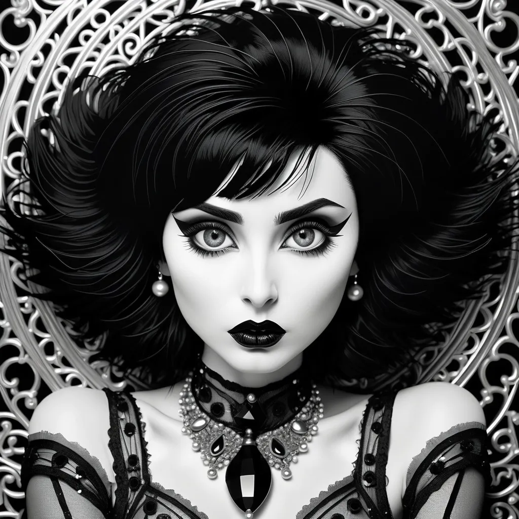 Prompt: Siouxsie Sioux sensual slender goth, black hair, black lips, view from above, focus, best quality, black and white masterpiece, illustration, intricate detailed face with Beautiful dreamy eyes, super detailed, 64K,