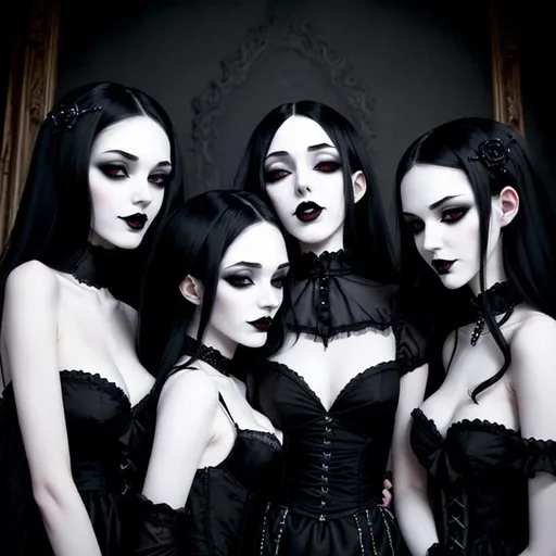 Prompt: 3 sensual slender cute goths, black lips, pain, carnal grin, pale skin, black hair, touching, setting on viewer, gothic bedroom, super detailed, view from below