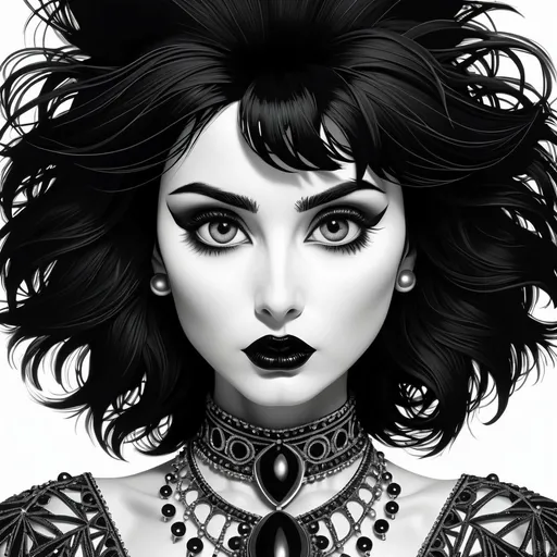 Prompt: Siouxsie Sioux sensual slender goth, black hair, black lips, view from above, focus, best quality, black and white masterpiece, illustration, intricate detailed face with Beautiful dreamy eyes, super detailed, 64K,
