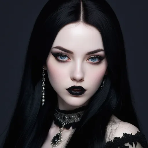 Prompt: slender goth, long black hair, black lips | pale white skin, intricate detailed face, sharp focus, ultra-fine details, view from above, cinematic lighting, 64k | realistic illustration, digital painting, vibrant colors,