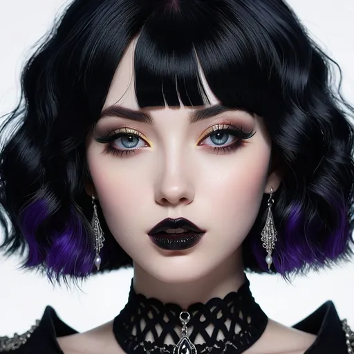 Prompt: slender goth with wavy black hair | black lips | pale white skin, intricate detailed face, | thigh gap | sharp focus, ultra-fine details, cinematic lighting, 64k | realistic illustration, digital painting, scenic, vibrant colors,